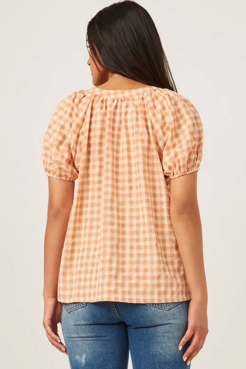 Womens Gingham Button Detail Puff Sleeve Scoop Neck Top sold by Hayden product image thumbnail 4