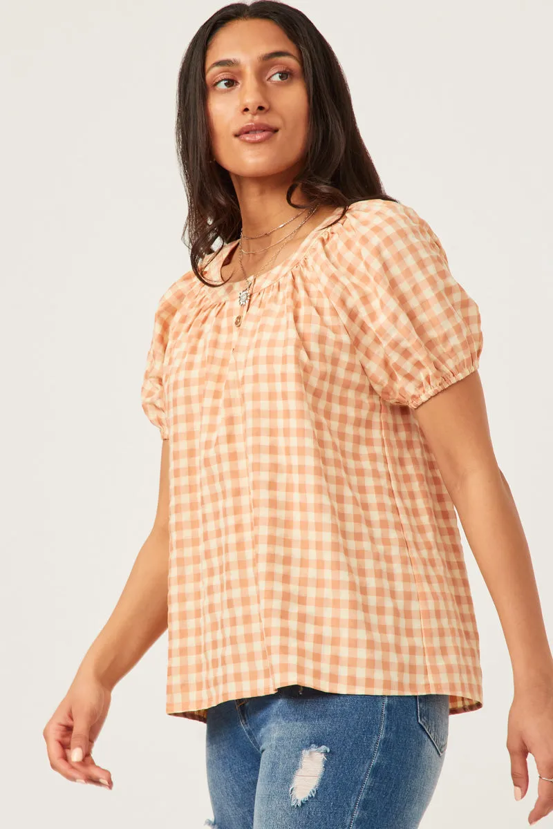 Womens Gingham Button Detail Puff Sleeve Scoop Neck Top sold by Hayden
