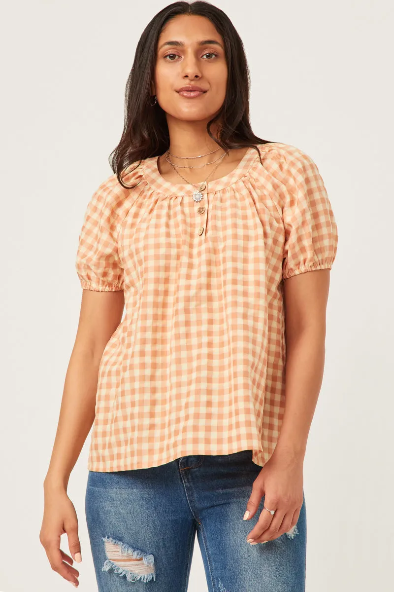 Womens Gingham Button Detail Puff Sleeve Scoop Neck Top sold by Hayden product image thumbnail 5