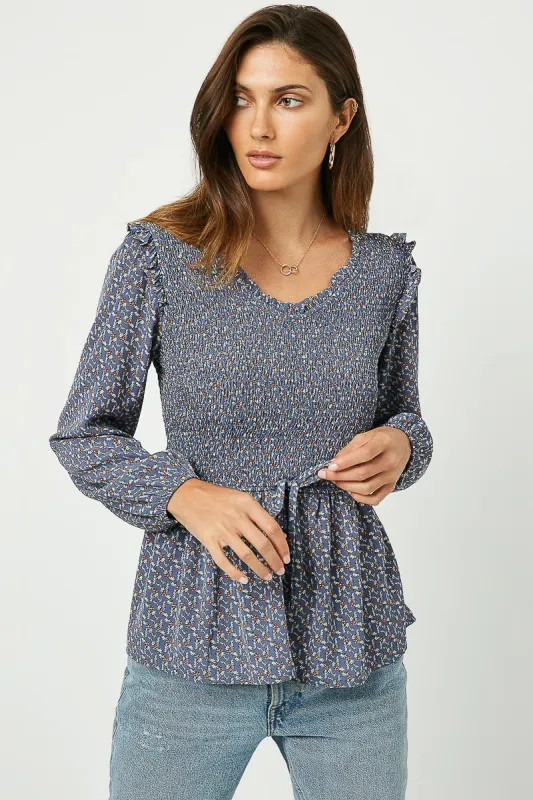 Womens Smocked Ruffled Long Sleeve Blouse sold by Hayden