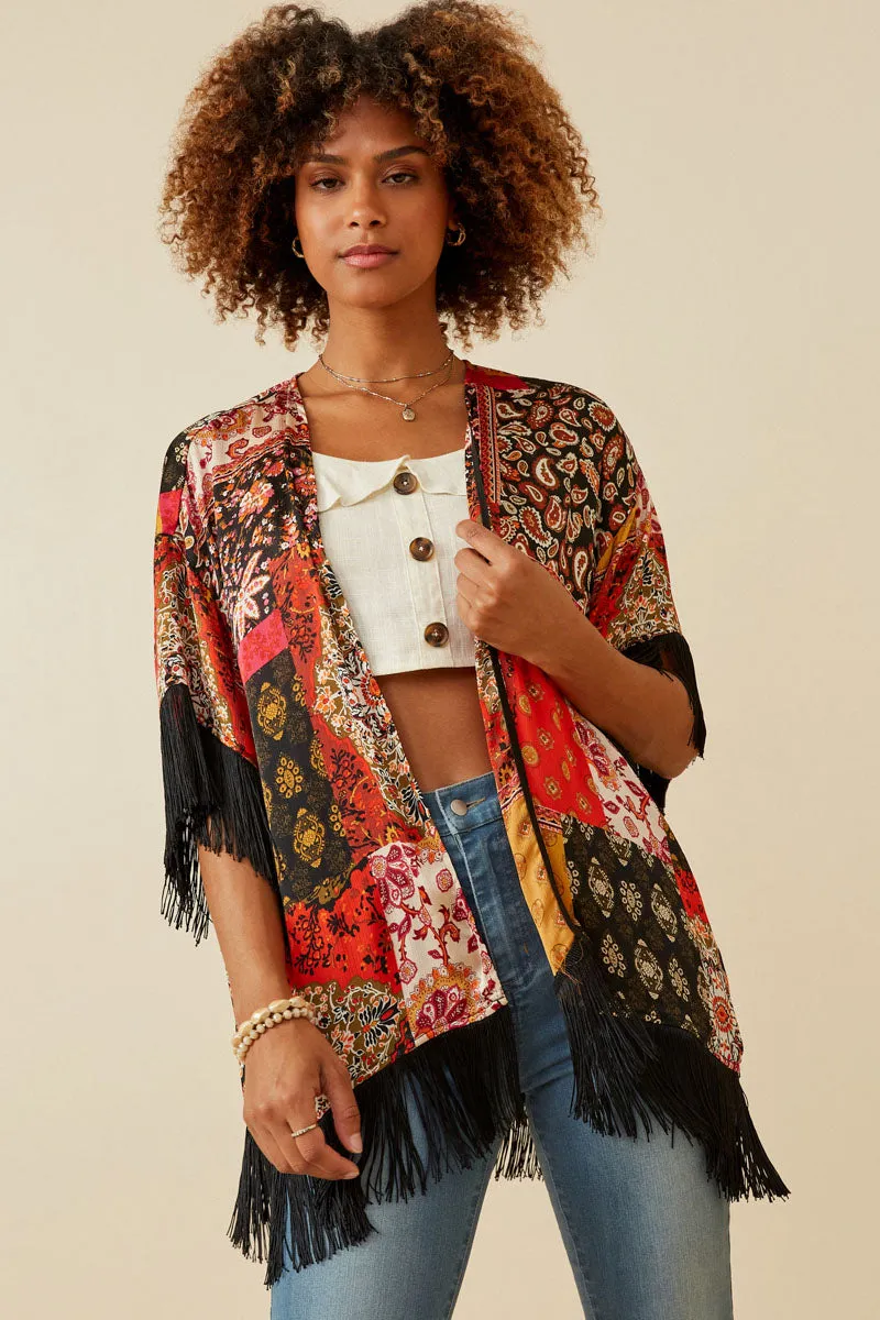 Womens Fringe Detail Patch Print Kimono sold by Hayden