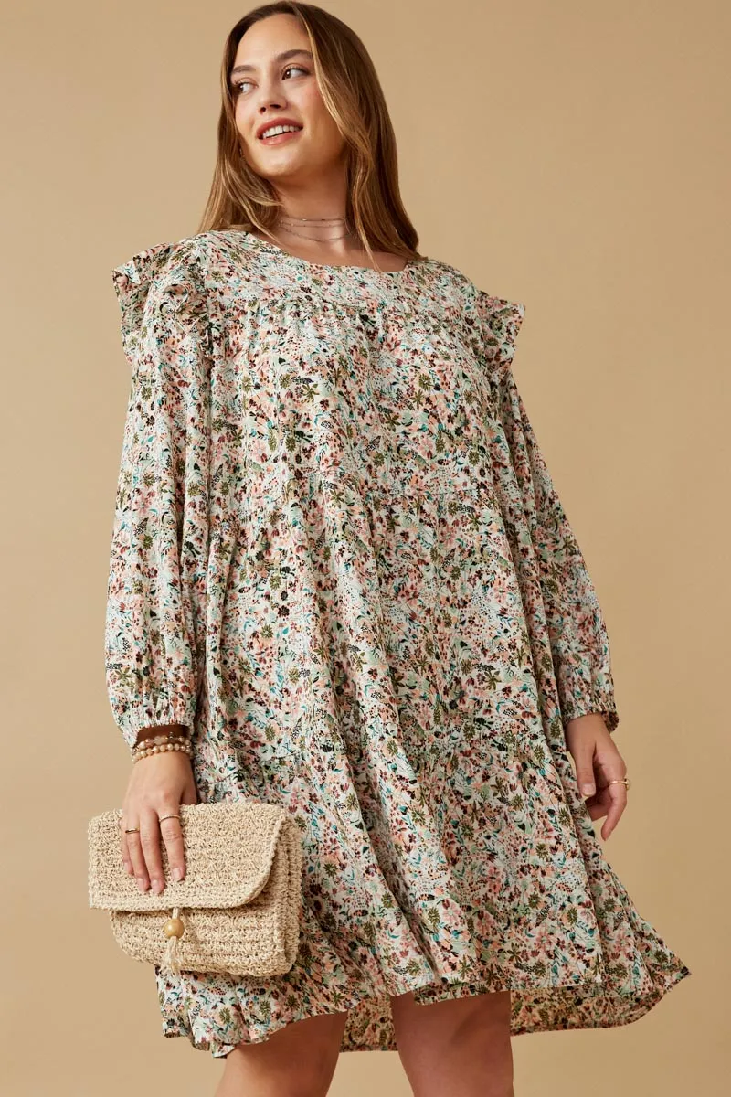 Womens Ditsy Print Ruffle Shoulder Long Sleeve Dress sold by Hayden