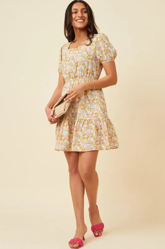 Womens Puff Sleeve Floral Tied Square Neck Dress sold by Hayden