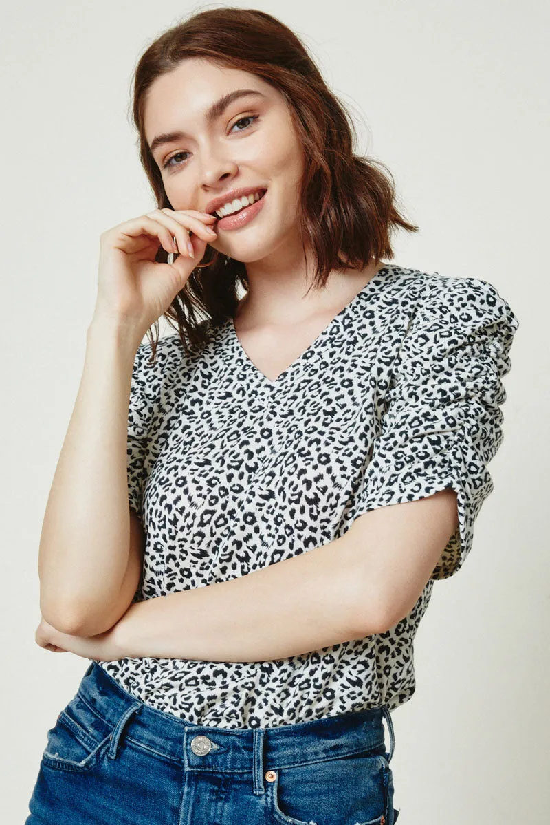 Womens Leopard Short Sleeve Runched V-Neck Tee sold by Hayden
