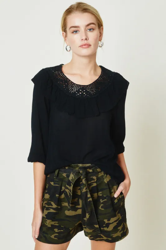 Womens Crochet Ruffle Puff Sleeve Top sold by Hayden
