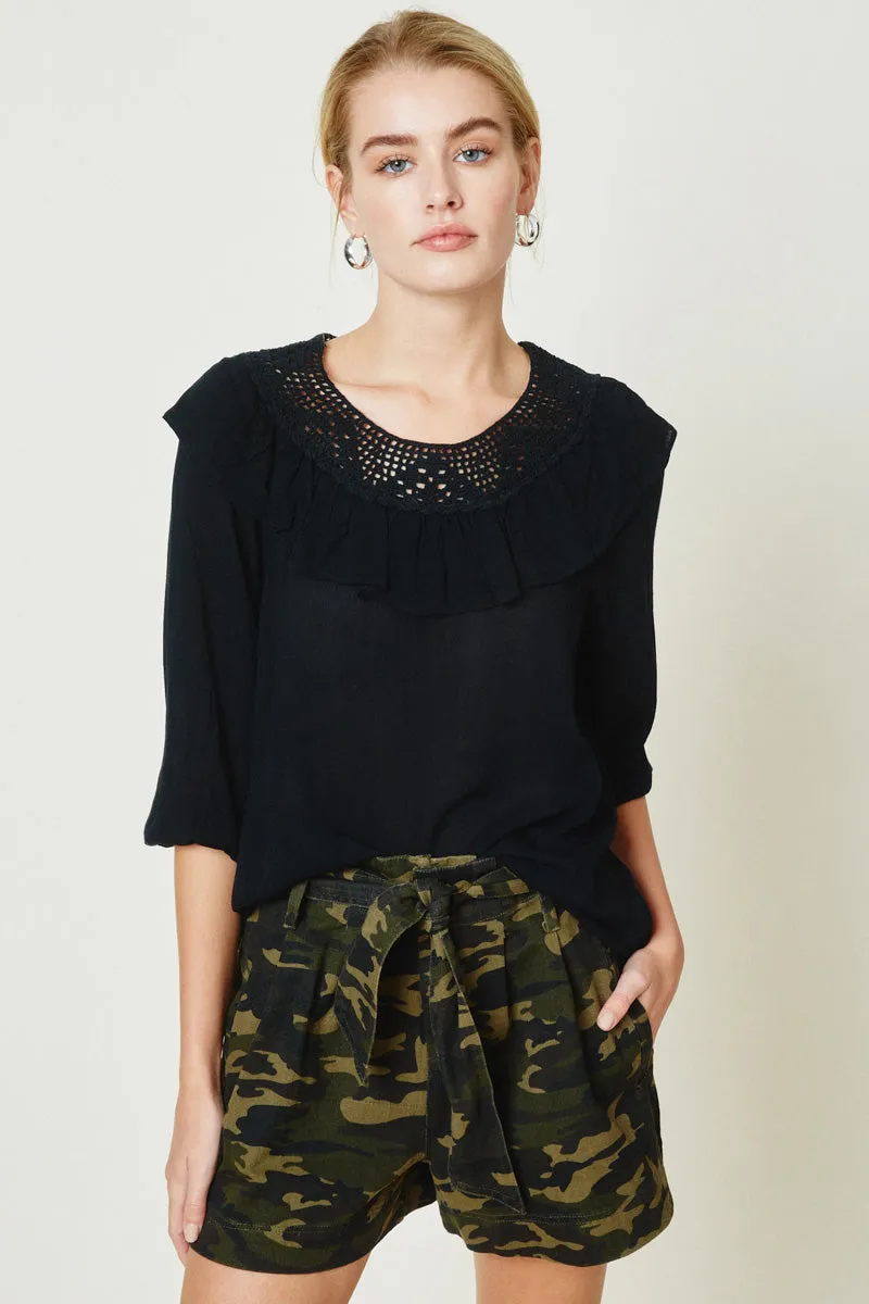 Womens Crochet Ruffle Puff Sleeve Top sold by Hayden