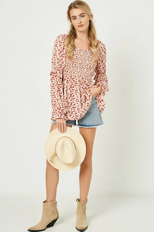 Womens Floral Square Neck Ruffle Sleeve Smocked Top sold by Hayden