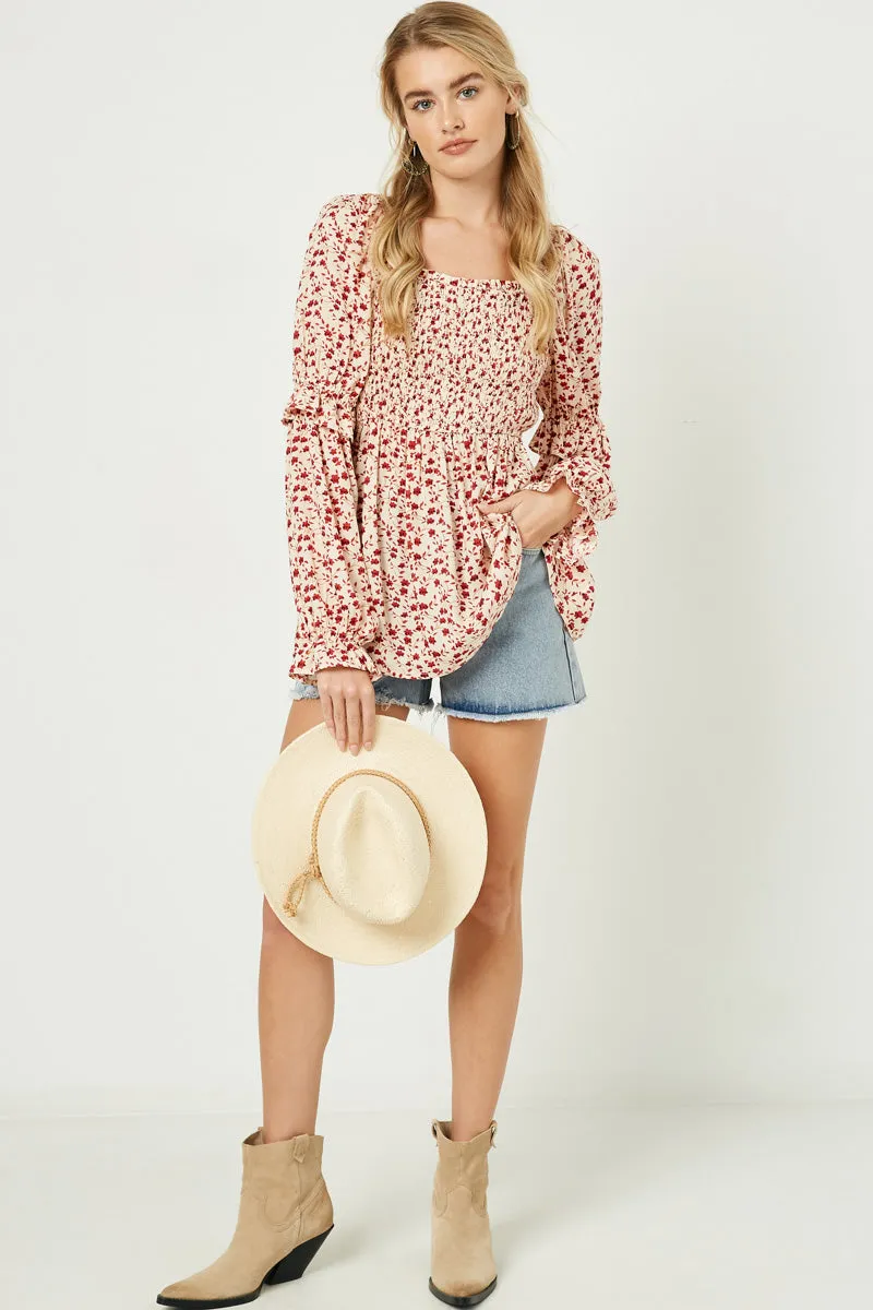 Womens Floral Square Neck Ruffle Sleeve Smocked Top sold by Hayden