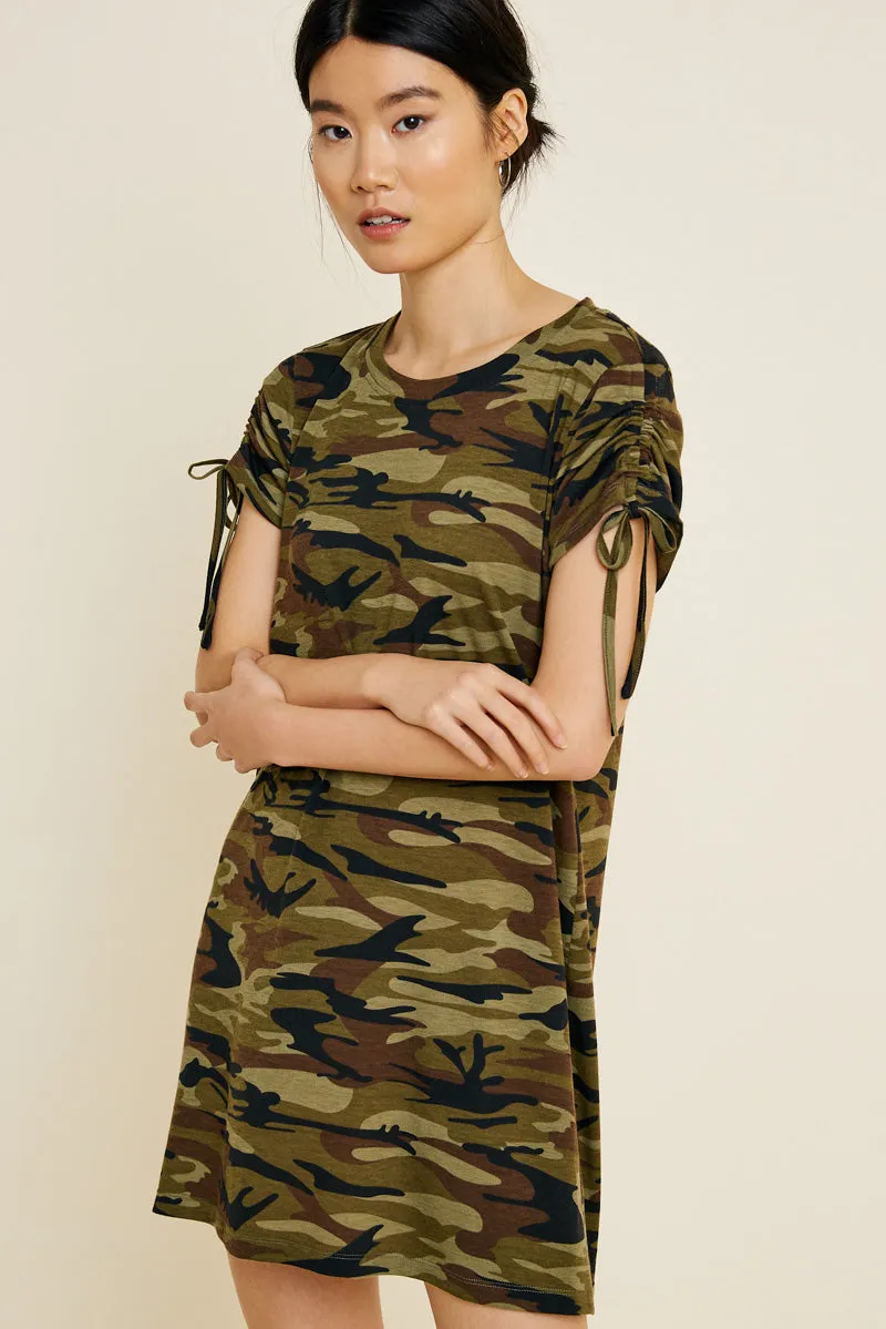 Womens Ruched Sleeve Camo T-Shirt Dress sold by Hayden
