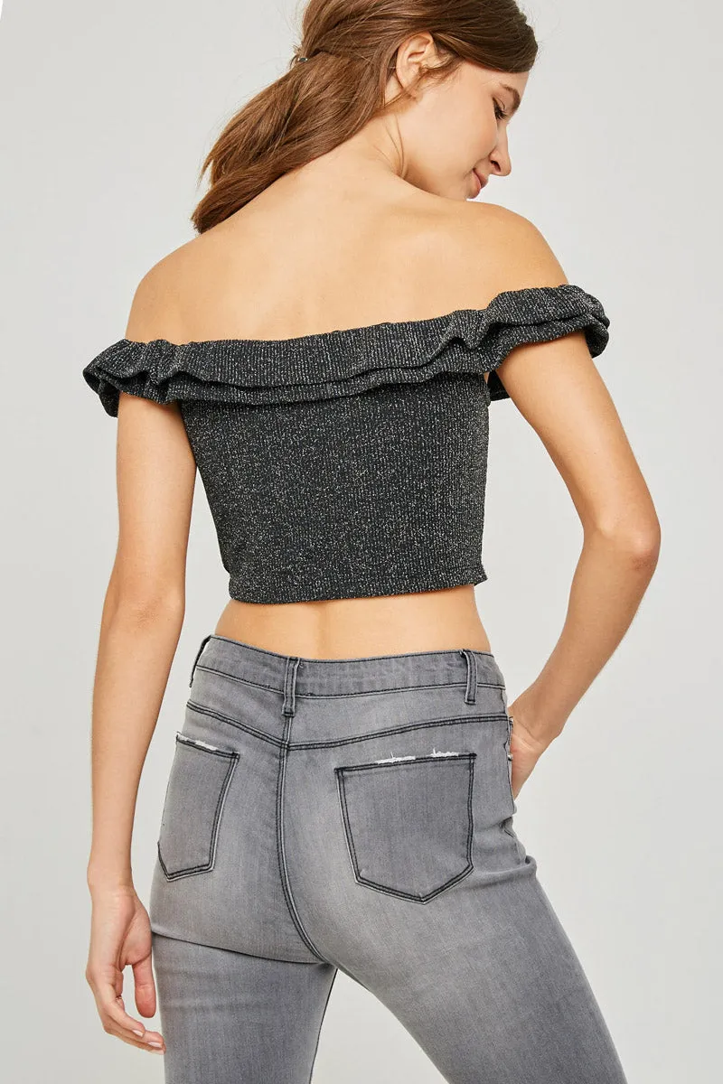 Womens Ruffle Off-Shoulder Sparkle Crop Top sold by Hayden product image thumbnail 2