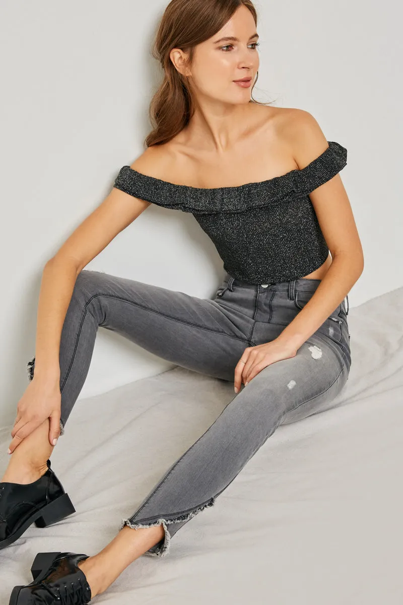 Womens Ruffle Off-Shoulder Sparkle Crop Top sold by Hayden product image thumbnail 3