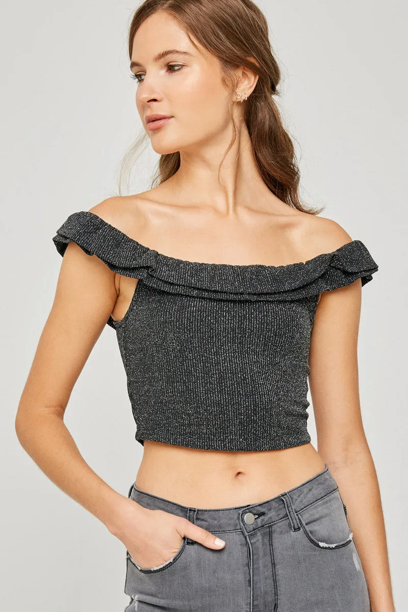 Womens Ruffle Off-Shoulder Sparkle Crop Top sold by Hayden