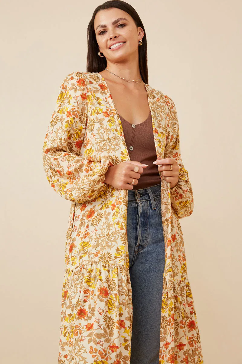Womens Foliage Floral Print Tiered Puff Sleeve Open Duster sold by Hayden product image thumbnail 3
