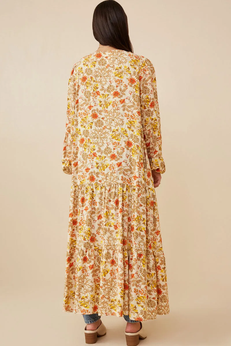 Womens Foliage Floral Print Tiered Puff Sleeve Open Duster sold by Hayden product image thumbnail 5