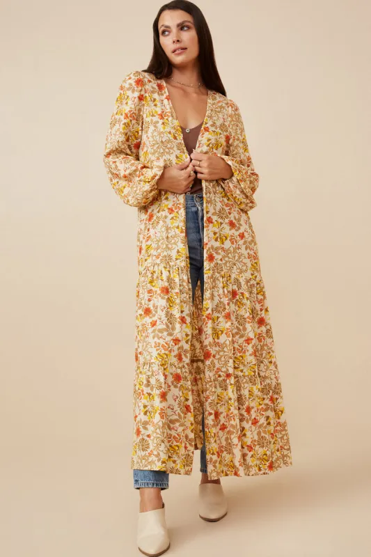 Womens Foliage Floral Print Tiered Puff Sleeve Open Duster sold by Hayden