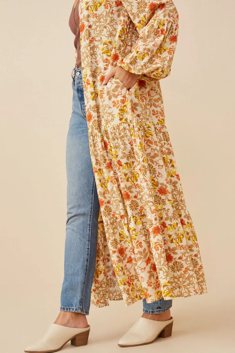 Womens Foliage Floral Print Tiered Puff Sleeve Open Duster sold by Hayden product image thumbnail 4