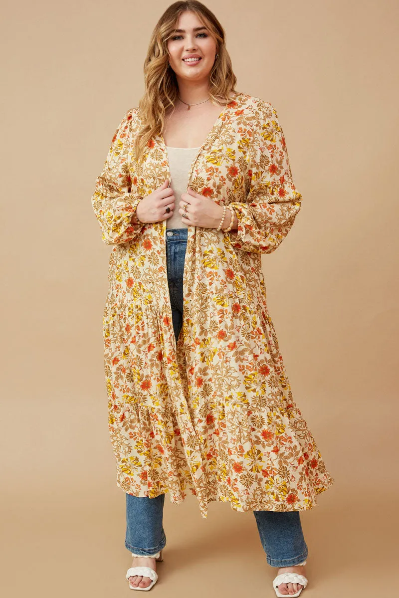 Womens Foliage Floral Print Tiered Puff Sleeve Open Duster sold by Hayden product image thumbnail 2