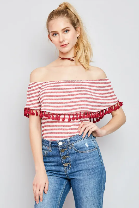 Womens Tassel Trimmed Stripe Off The Shoulder Top sold by Hayden