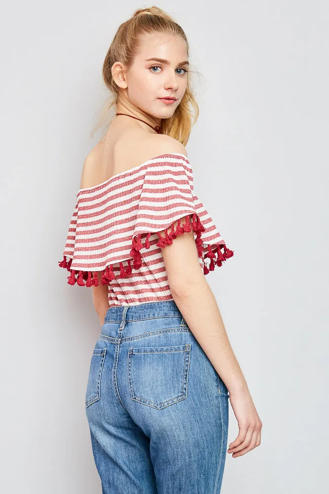 Womens Tassel Trimmed Stripe Off The Shoulder Top sold by Hayden product image thumbnail 3