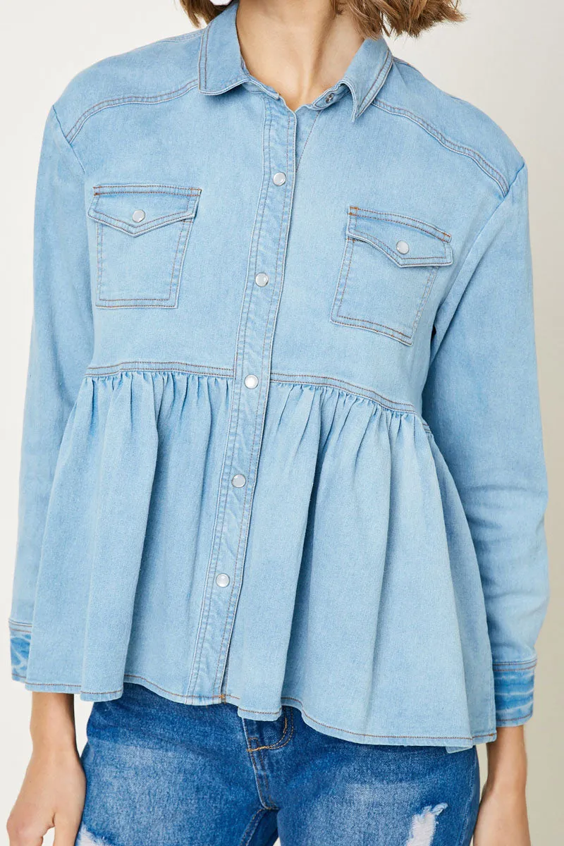 Womens Denim Button Down Peplum Shirt sold by Hayden product image thumbnail 5