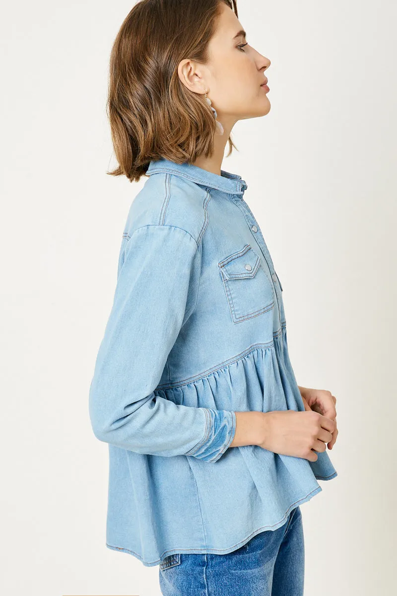 Womens Denim Button Down Peplum Shirt sold by Hayden product image thumbnail 3
