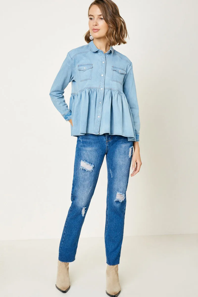 Womens Denim Button Down Peplum Shirt sold by Hayden product image thumbnail 4