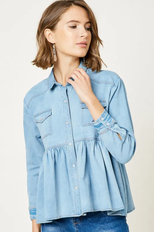 Womens Denim Button Down Peplum Shirt made by Hayden
