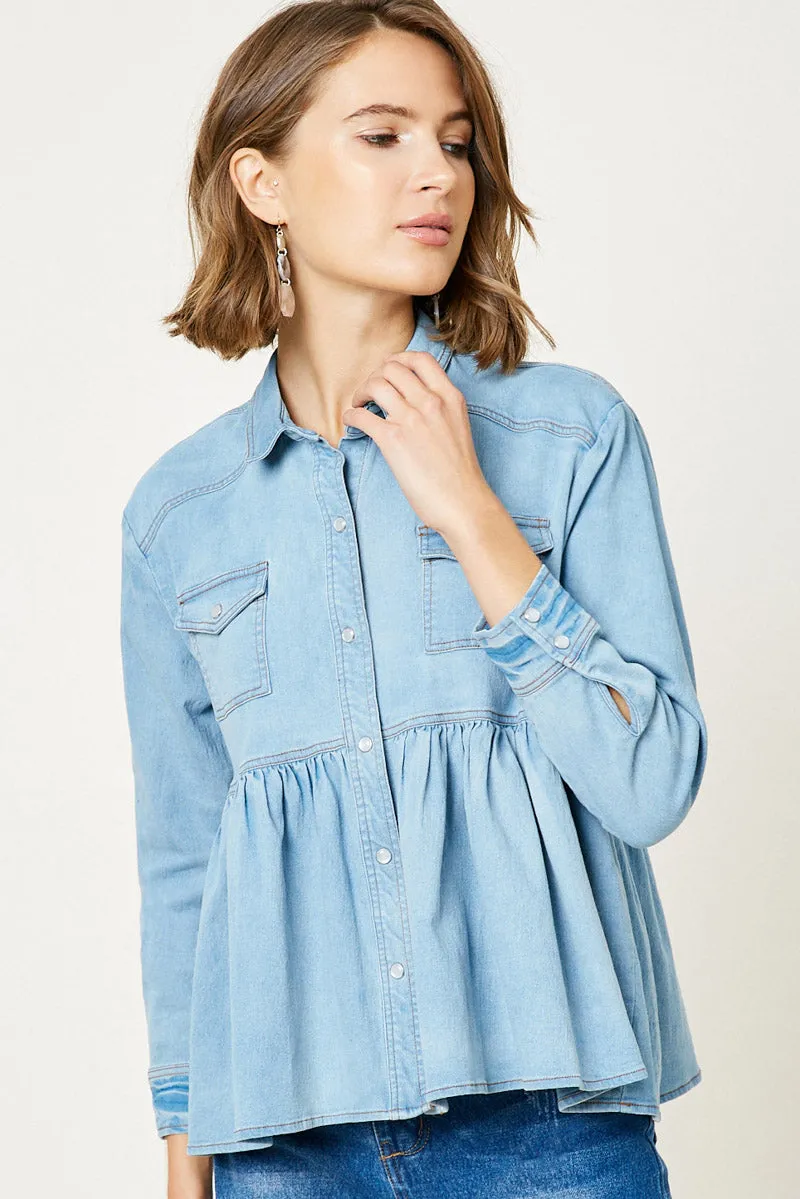 Womens Denim Button Down Peplum Shirt sold by Hayden