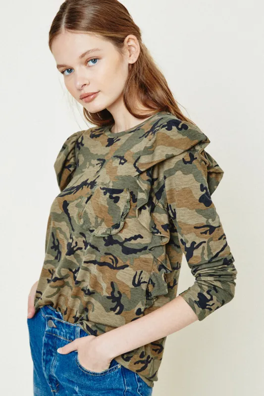Womens Camo Ruffle Long Sleeve Top sold by Hayden