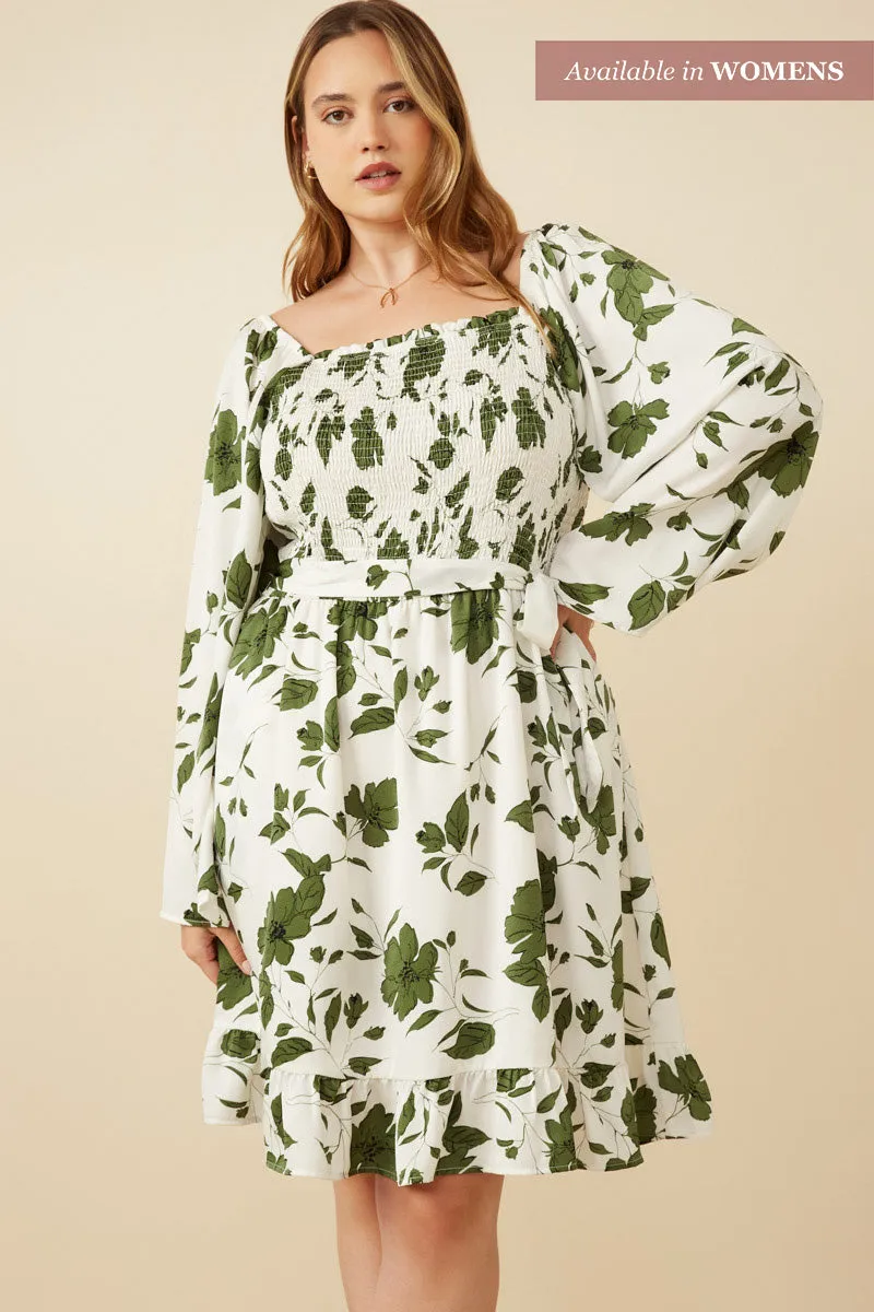 Womens Monochrome Floral Print Smocked Detail Belted Dress sold by Hayden