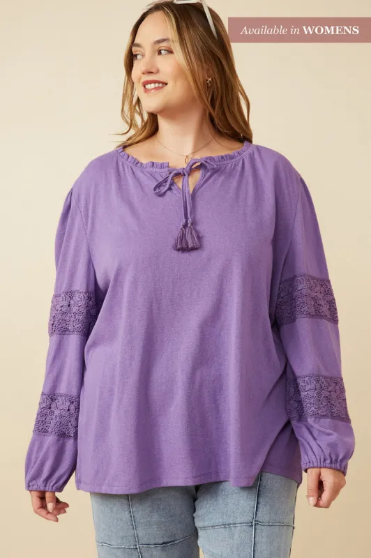 Womens Textured Tie Neck Lace Trimmed Knit Top sold by Hayden