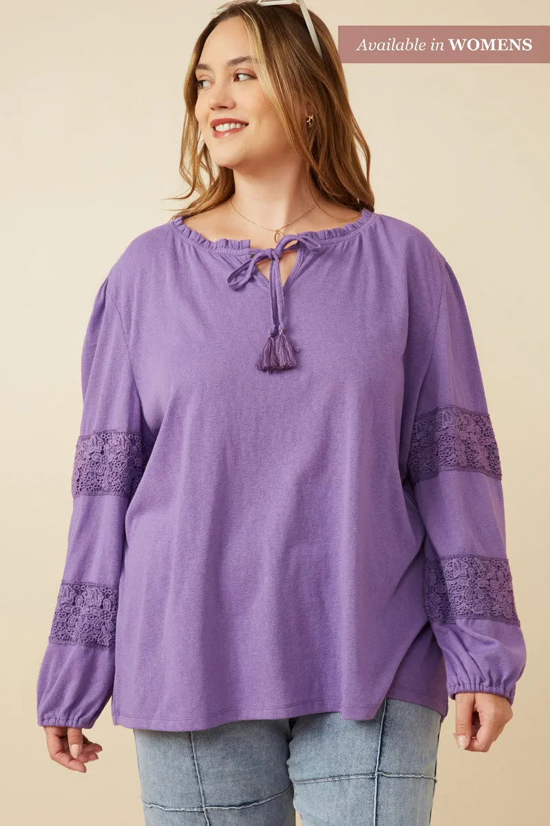 Womens Textured Tie Neck Lace Trimmed Knit Top sold by Hayden