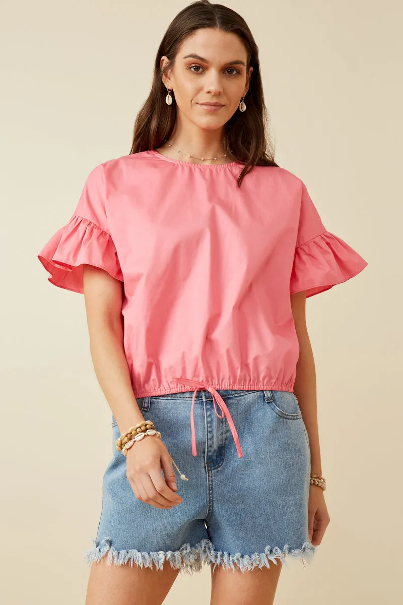 Womens Flutter Sleeve Cinched Waist Poplin Top sold by Hayden