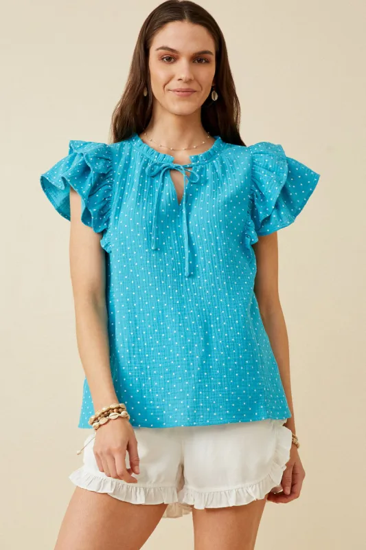 Womens Textured Polka Dot Gauze Tie Front Ruffled Tank sold by Hayden