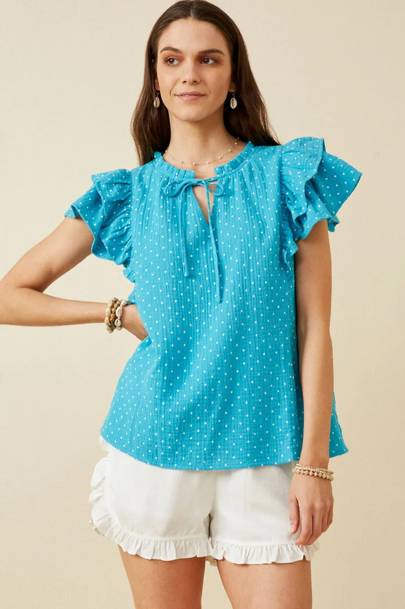 Womens Textured Polka Dot Gauze Tie Front Ruffled Tank sold by Hayden product image thumbnail 5