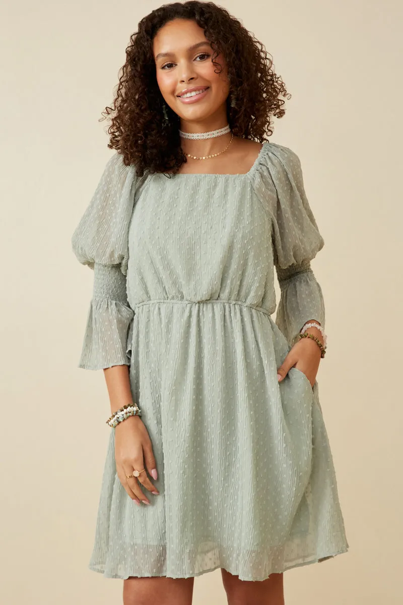 Womens Swiss Dot Smocked Sleeve Square Neck Dress sold by Hayden