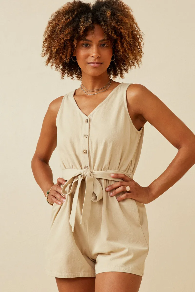 Womens Belted V Neck Button Detail Twill Romper sold by Hayden