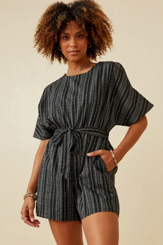 Womens Striped Dolman Sleeve Belted Romper made by Hayden