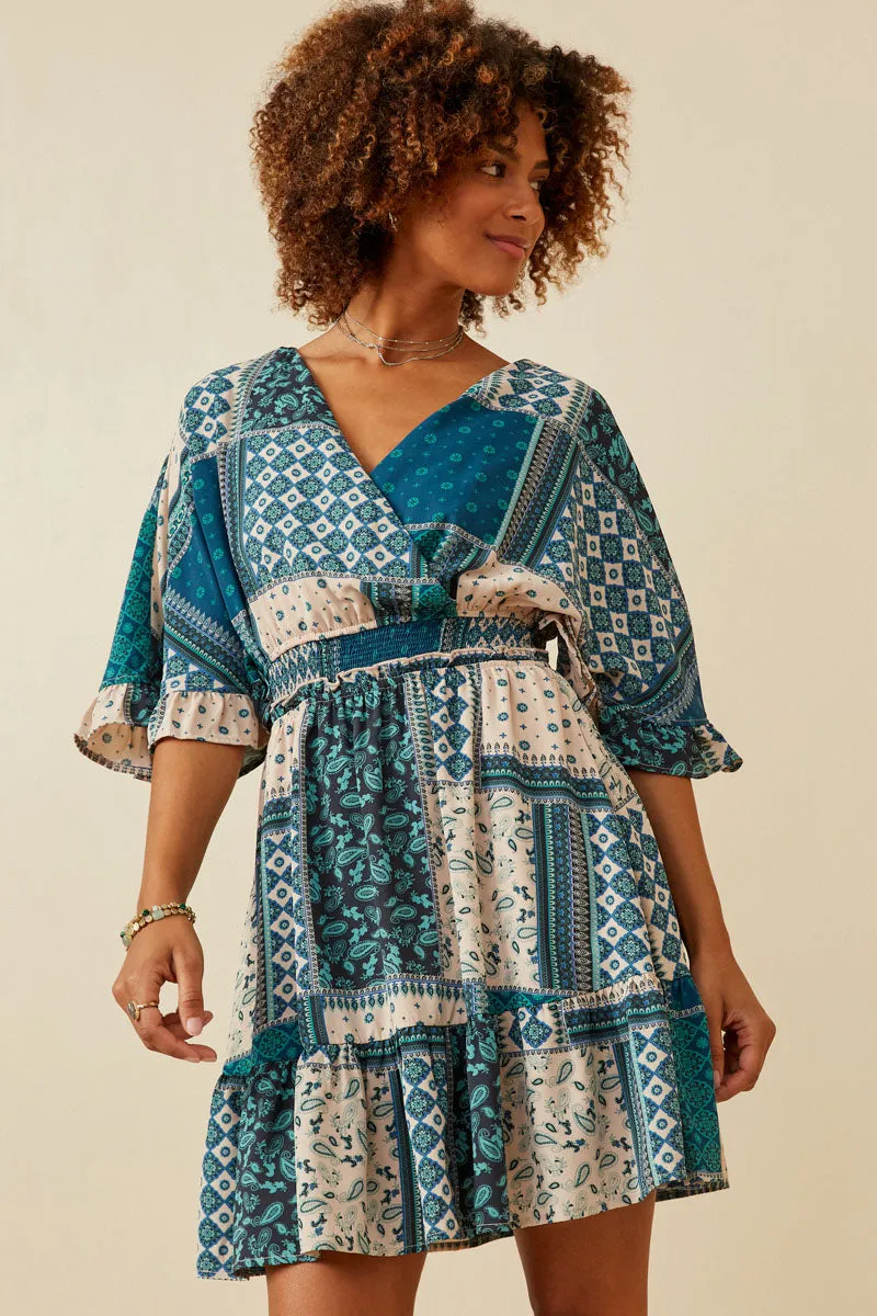 Womens Ruffled Dolman Sleeve Smocked Patch Print Dress sold by Hayden