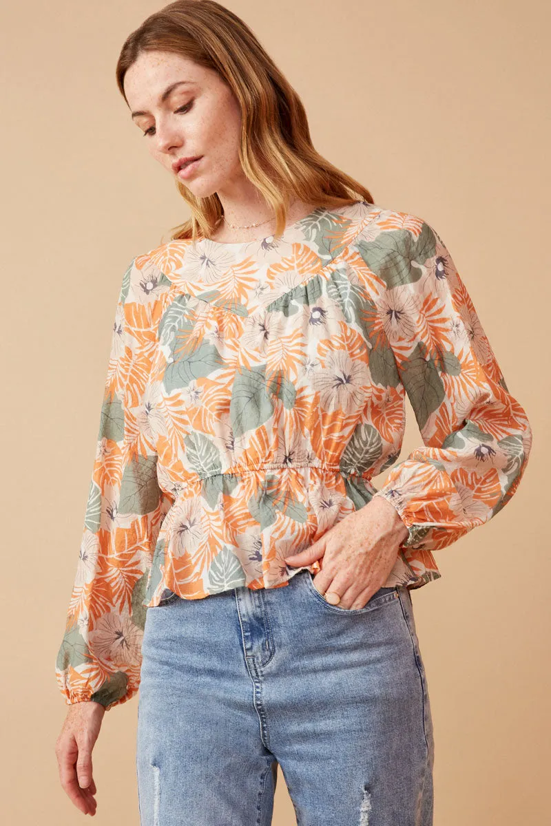 Women Floral Foliage Print Long Sleeve Peplum Top sold by Hayden