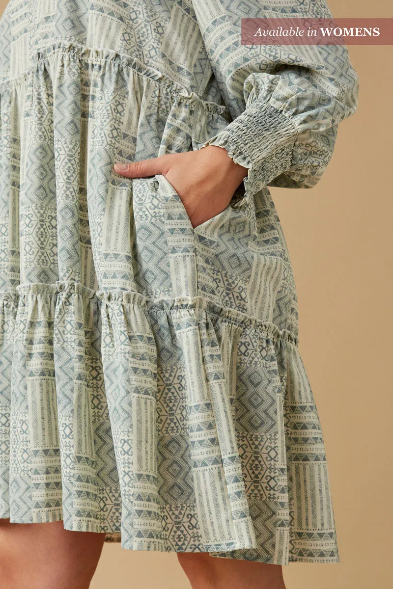 Womens Geometric Print Smocked Cuff Tiered Dress sold by Hayden product image thumbnail 3