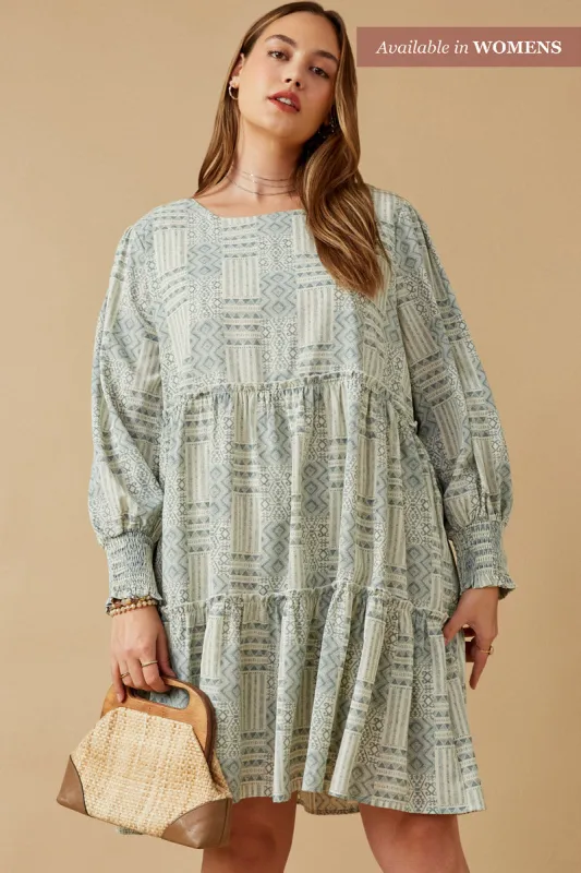 Womens Geometric Print Smocked Cuff Tiered Dress sold by Hayden