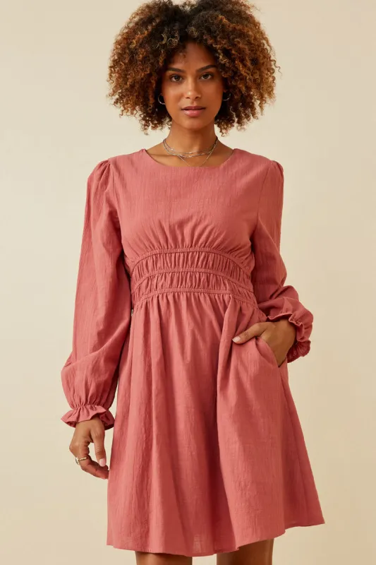 Womens Scoop Neck Cinch Cuff Smock Waist Dress made by Hayden