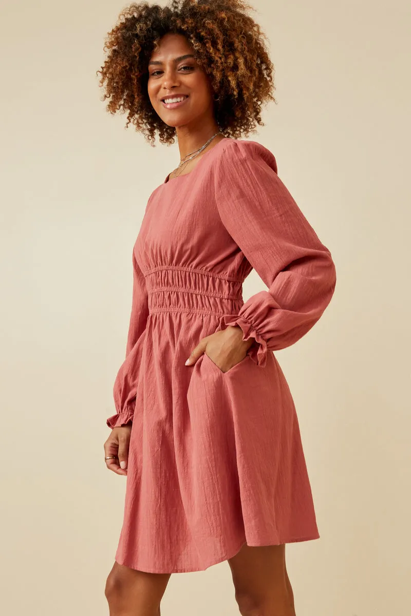 Womens Scoop Neck Cinch Cuff Smock Waist Dress sold by Hayden product image thumbnail 3