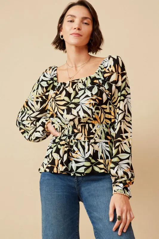 Womens Multi Botanical Print Smocked Peplum Top sold by Hayden