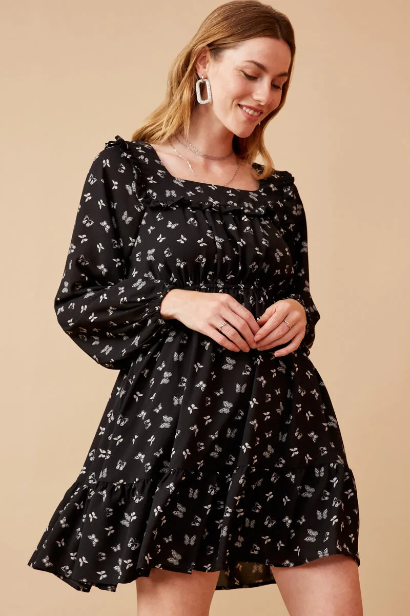 Womens Ditsy Butterfly Print Ruffled Square Neck Dress sold by Hayden