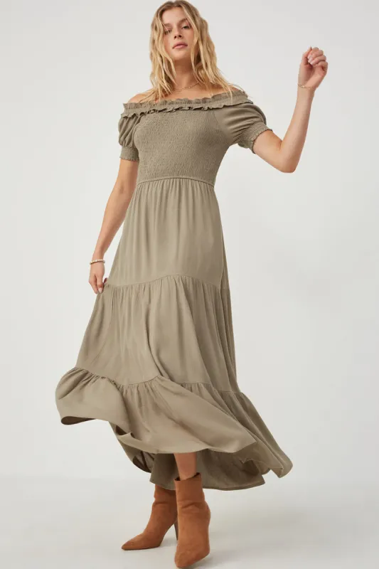 Womens Ruffle Off Shoulder Smocked Tiered Dress sold by Hayden
