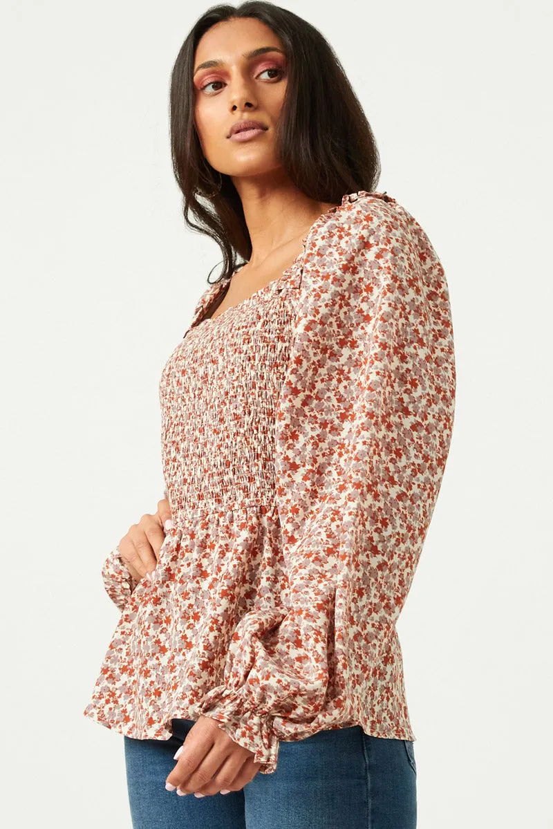 Womens Smocked Bodice Ruffled Shoulder Long Sleeve Top sold by Hayden product image thumbnail 4