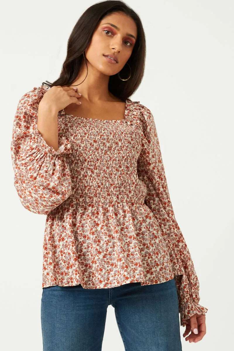 Womens Smocked Bodice Ruffled Shoulder Long Sleeve Top sold by Hayden