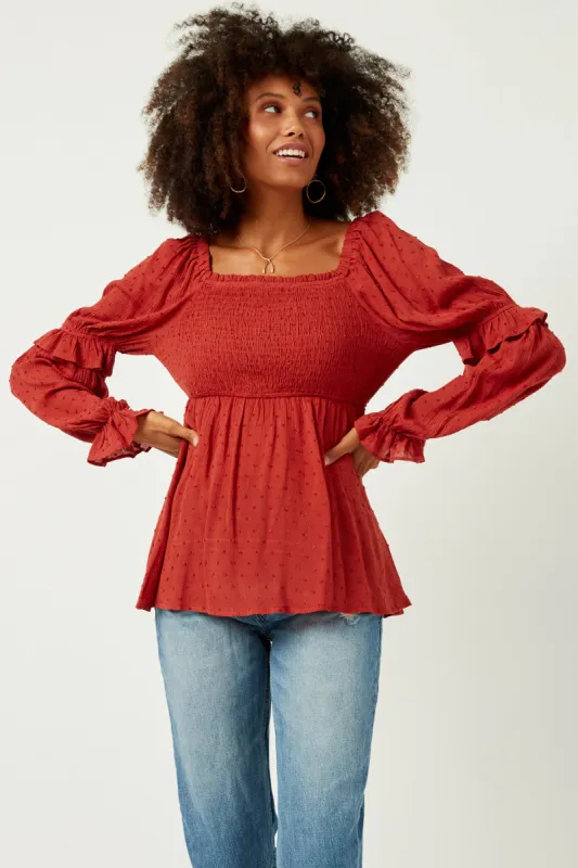 Womens Ruffled Sleeve Smocked Square Neck Top sold by Hayden